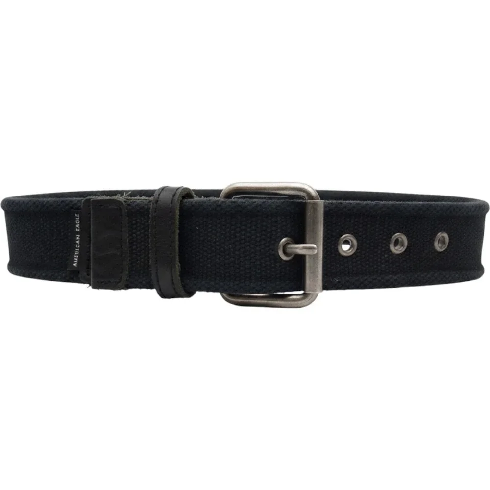 American Eagle Mens Black Canvas Web Belt Leather Trim Silver Buckle 442BBBL